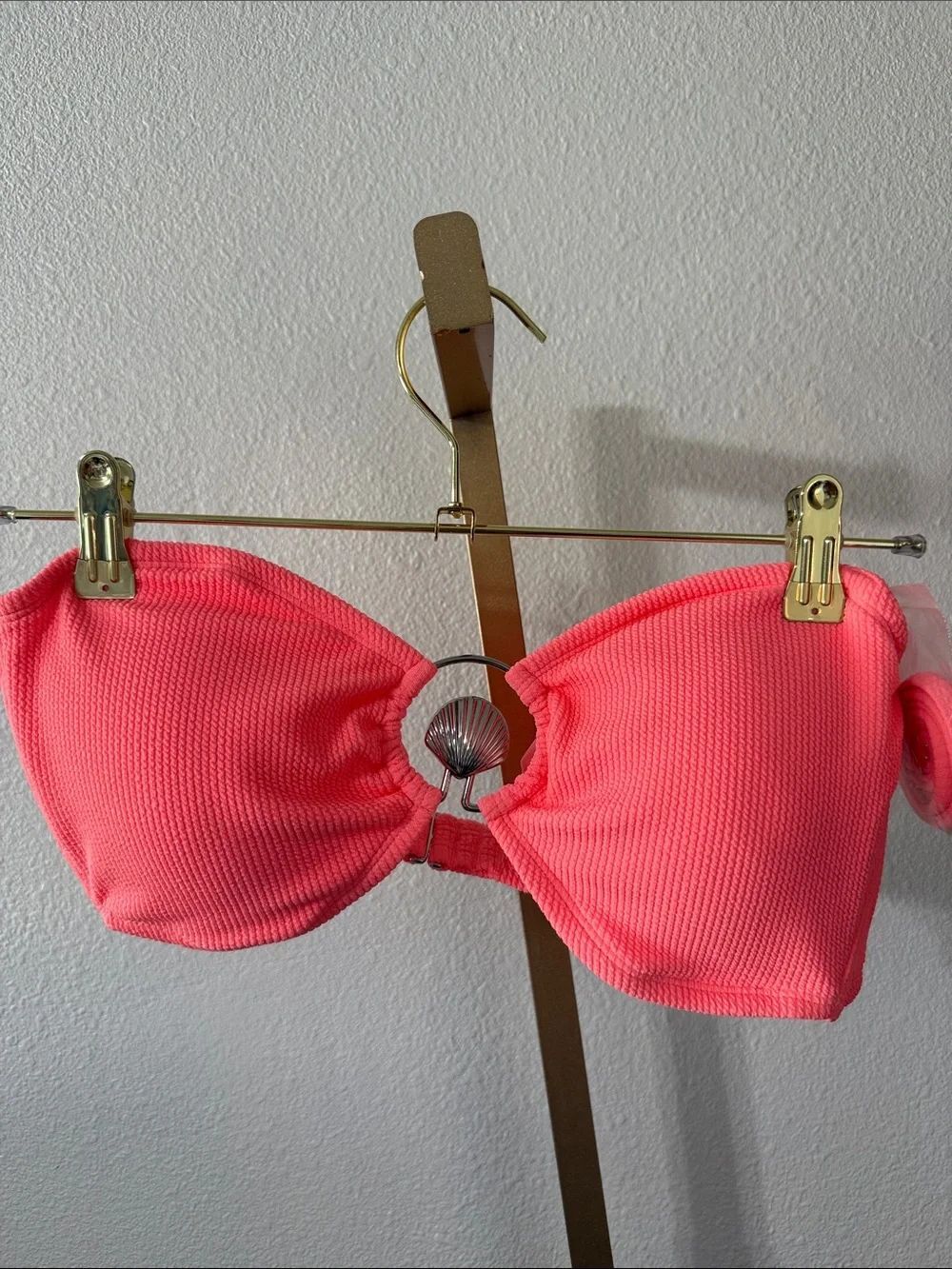 Neon Coral Textured Bandeau Bikini Top with Shell Ring- Size XL- NWT